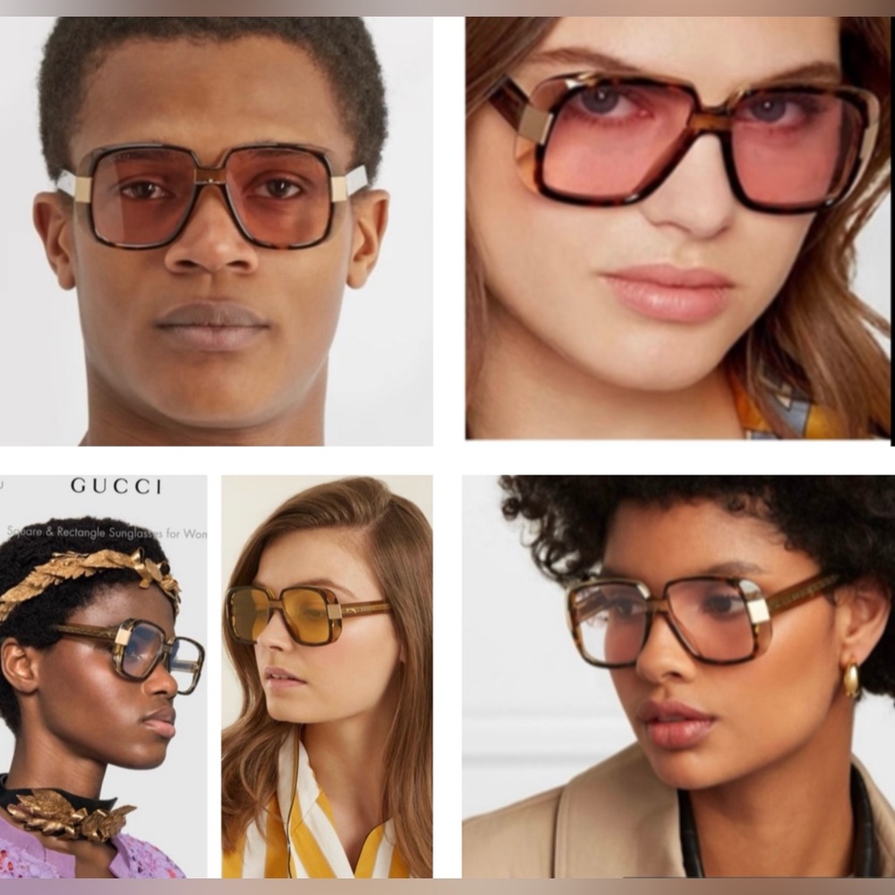 UNISEX GUCCI SQUARE HAVANA AND GOLD FALLING STAR ACCENTED FRAME SUNGLASSES - Picture 1 of 16